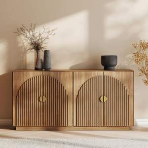 BELLEZE 65 Inch Fluted Buffet Cabinet with Storage, Symmetrical Arc Accent Sideboard Large Console Table for D