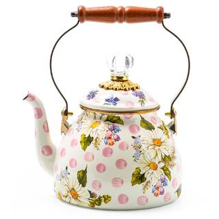 MACKENZIE-CHILDS Tea Kettle, 2 Quarts, Pink Wildflowers | Hand-painted design, made from enameled steel with a