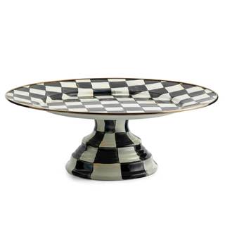 MACKENZIE-CHILDS Pedestal Platter, Large, Black-and-White Courtly Check | Hand-painted design, made from ename