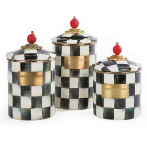 MACKENZIE-CHILDS Enamel Canister Set, Black-and-White Courtly Check | Hand-painted design, versatile kitchen s