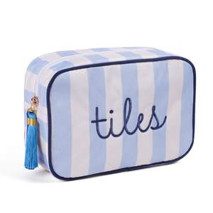 Mahjong Tile Bag - Blue & White Striped Embroidered Case for 166 American Mahjong Tiles (1.2"), Portable Zippe