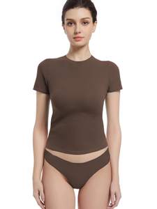 Abonlen Crewneck Short Sleeve T Shirts for Women Fitted Basic TeesY2k Going Out Tops Small Espresso
