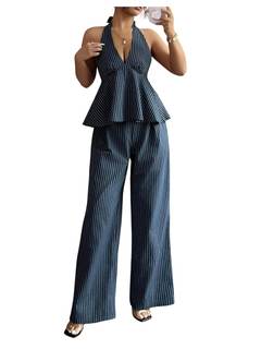 OYOANGLE Women's 2 Piece Striped Outfits Summer Halter Top and Pants Sets | Ruffle Peplum Top, Wide Leg Pants.