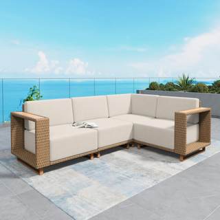 4pcs L-Shape Patio Furniture, Outdoor Sectional with 10" Thick Cushion | Yellow Rattan Wicker Sofa, Modular Pa
