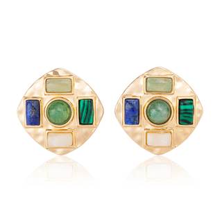 Geometric Large Stud Statement Earrings, Gold Tone Square Stud with Multi-Color Gemstone Design, Fashion Jewel