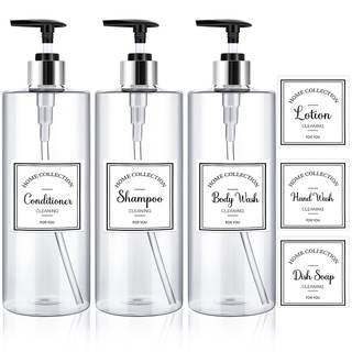 Marsui 3 Pcs Clear Soap Dispenser Set 25 oz Plastic Pump Bottles Dispenser with 6 Label Sticker Kitchen Bathro