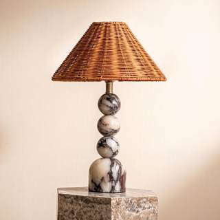 Calacatta Marble Stacked Ball Table Lamp - Hand-Woven Rattan Shade, 15" Stone Margot Artistic Vintage Lamp Lux