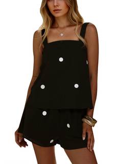 calbatic Womens 2 Piece Outfits Summer Vacation Resort Beach Polka Dot Square Neck Tank Top and Shorts Matchin