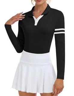Soneven Womens Golf Shirts Moisture Wicking V Neck Long Sleeve Polo Shirts Collared Tops Medium 4-black Stripe