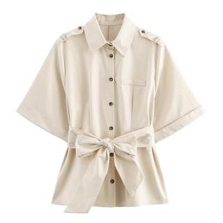 KEOMUD Women's Spring Fall Button Down Shirt with Belt,Casual Short Sleeve Blouse Tops for Office Daily Outfit