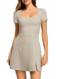 Womens Square Neck Tennis Dress Short Sleeve Built in Shorts Golf Athletic Dress with Pockets Small Apricot