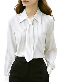 utcoco Women's Striped Button Down Shirts Work Office Tie Neck Long Sleeve Dress Shirt for Business Casual X-S