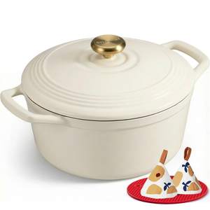 Overmont Enameled Cast Iron Dutch Oven - 5.5QT Pot with Lid Cookbook & Cotton Potholders - Heavy-Duty Cookware