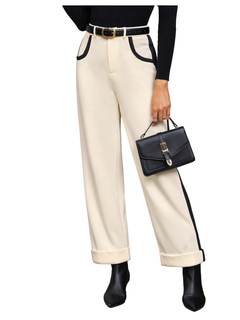 Women's Elegant Color Block Wide Leg Dress Pants High Waisted Work Office Trousers with Pockets