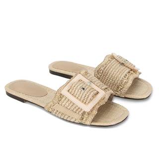 ZJGZF Raffia Sandals for Women Buckle Straw flats Woven Braided Rattan Slides Summer Beach Sandals Comfort Cut