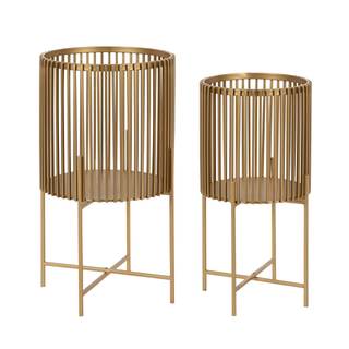 Kate and Laurel Paynter Modern 2-Piece Metal Floor Planter Set with Foldable Stand, Gold 2 Piece Gold
