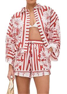 Qikaka Women's 2 PCS Stripes Floral Printed T-shirts Tops Bodycon Shorts Sexy Nightclub Party Tracksuit Outfit