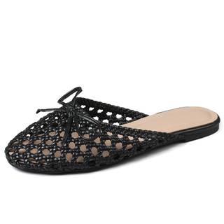 Lyrisiphy Round Toe Woven Mule Flats Women Mesh Flat Sandals | Chic Bow, Breathable Woven Design, Lightweight 
