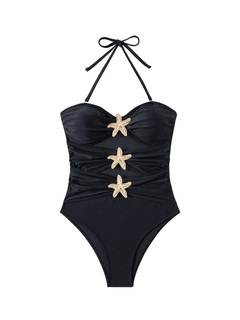 Floerns Women's Halter One Piece Swimsuit Starfish Cut Out Ruched Bathing Suits Medium Black