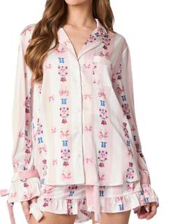 NUFIWI Christmas Cute Bow Pajama Sets for Women Tie Knot Buttons Shirt and Shorts Silk Print 2 Piece Pjs Loung