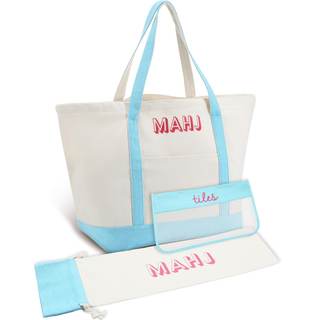 3 Pcs Empty Mahjong Bags Set for Tiles and Racks Canvas Mahjong Carry Tote Bag Embroidered American Mah Jong S