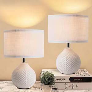 SOTTAE Modern Ceramic Table Lamps Set of 2, Leaf Patterned Ceramic Desk Lamp Small Bedside Lamp with Linen Sha