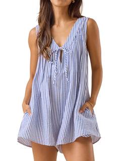 Womens Gingham and Striped Sleeveless Romper with V-Neck Tie Front | Smocked Lightweight Cotton Blend Overalls