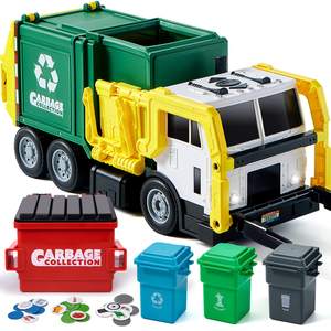 JOYIN Large Friction Powered Garbage Truck Toy Set, Includes 1 Dumpster, 3 Trash Bins, and 30 Learning Cards f