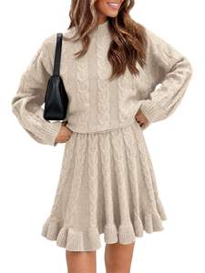 Tankaneo Womens 2 Piece Sweater Skirts Set Chunky Cable Knit Ruffle Skirt | High Neck, Long Sleeve, Lounge Set