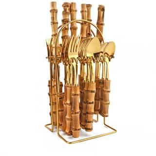 24-Piece Gold Stainless Steel Flatware Set, Bamboo Handle Cutlery with Stand Dinnerware Set Include Knife Fork