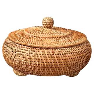 Round Rattan Boxes with Lid Hand-Woven Multi-Purpose Wicker Tray 8.6Inch Picnic Food Bread Table Storage Baske