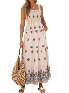 Glamaker Womens 2 Piece Skirt Sets Summer Boho Floral Smocked Ruffle Hem Tank tops Maxi Skirts With Pockets Va