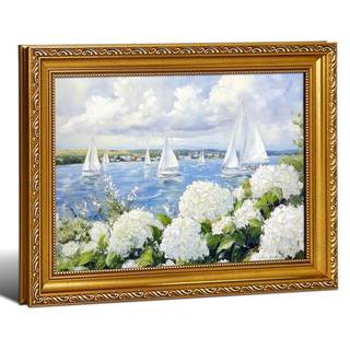 Hydrangea Sailboat Coastal Wall Art Canvas Print, Gold Ornate Framed Ocean Nautical Artwork Ready to Hang for 