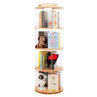 TAKEKIT 360° Rotating Bookshelf, 4-Tier Spinning Book Shelf Tower with Solid Wood & Clear Acrylic, Round Revol