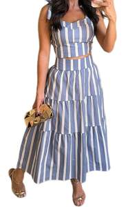 ksotutm Summer Outfits for Women Halter Tops High Waist A Line Maxi Skirt Striped Two Piece Sets for Vacation 
