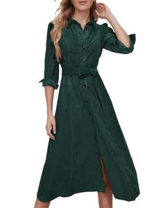 YEXPINE Women's Corduroy Maxi Dress Long Sleeve Cord Button Down Fall Shirt Long Dress with Belt Dark Green La