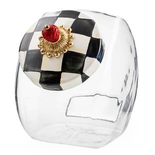 MACKENZIE-CHILDS Glass Cookie Jar with Lid, Black-and-White Courtly Check | Hand-painted design, decorative ki