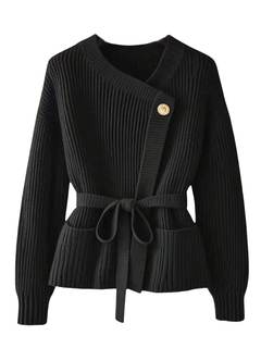 Verdusa Women's Old Money Ribbed Knit Cardigan Long Sleeve Asymmetrical Belted Sweaters Small Black