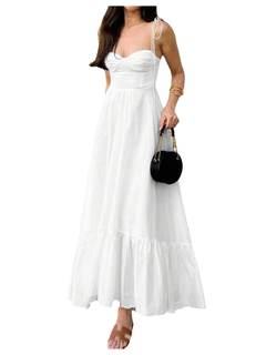 Floerns Women's Tie Shoulder Smocked Long Dress Ruffle Tiered Flowy Wedding Guest Dresses Large White