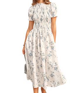 RIHOAS Plaid Gingham Midi Dress Short Sleeve Smocked Dresses for Women | Cotton,Ruffle Puff Sleeves,Vintage Br