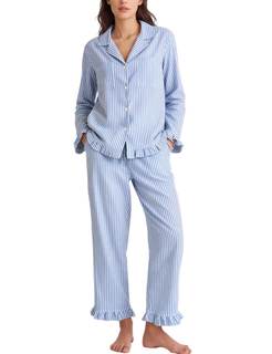 Flygo Womens Striped 2 Piece Pajama Sets Ruffle Cotton Sleepwear | Long Sleeve, Button Down, V Neck Notch Coll
