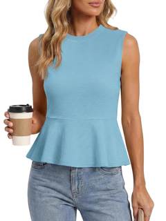 Tankaneo Womens Summer Tank Tops Sleeveless Ribbed Knit Babydoll Peplum Tops Work Business Casual Shirts Blous