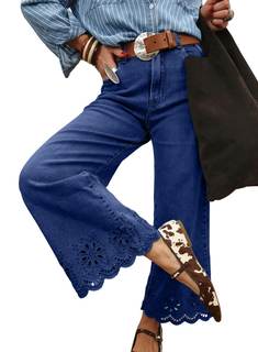 Sidefeel Womens Wide Leg Embroidered Jeans Stretchy Denim Pants | High Waisted Jeans With Pockets,Ankle Length