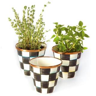 MACKENZIE-CHILDS Enamel Herb Pot Set, Small, Black-and-White Courtly Check | Hand-painted design, small plant 