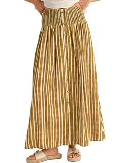 InterNos Womens Striped Maxi Skirt Trendy Front Buttons Elastic Waistband A-Line Boho Long Skirt with Pockets 