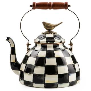 MACKENZIE-CHILDS Tea Kettle, Black-and-White Courtly Check with Bird Topper | Hand-painted design, made from e
