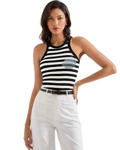 SUUKSESS Women Padded Cotton Ribbed Tank Tops High Neck Racerback Basic Tops Small Black White Stripe