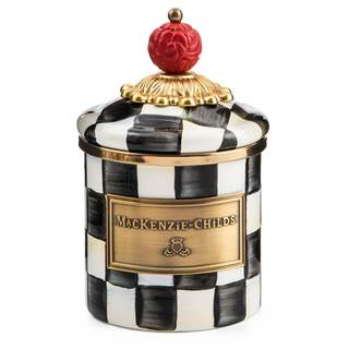 MACKENZIE-CHILDS Enamel Canister, Mini, Black-and-White Courtly Check | Hand-painted design, made from enamele