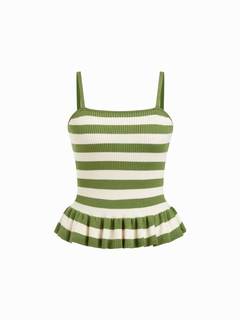 CIDER Striped Crop Peplum Tops for Women Ruffle Square Neck Knit Tops | Sleeveless Tank Tops, Vacation Summer 