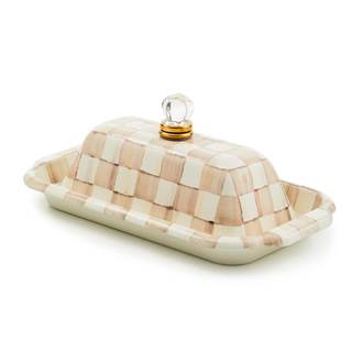 MACKENZIE-CHILDS Enamel Butter Box with Lid, Brown-and-White Mocha Check | Hand-painted design, made from enam